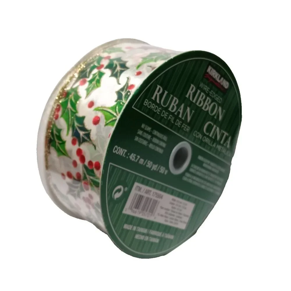Wire-Edged Ribbon Wide Gold Glittered Holly Ivy Berries 2.5